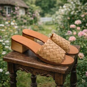 Liberté “Santorini” Cream, Woven Genuine Leather, Heel Mule, Sandel, Slides